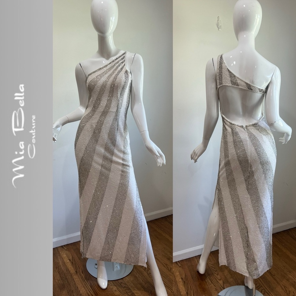 Mia Bella Couture Shimmering Beaded One Shoulder Gown White Silver